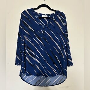 Dana Buchman Navy and Black Striped 3/4 Sleeve Button Blouse